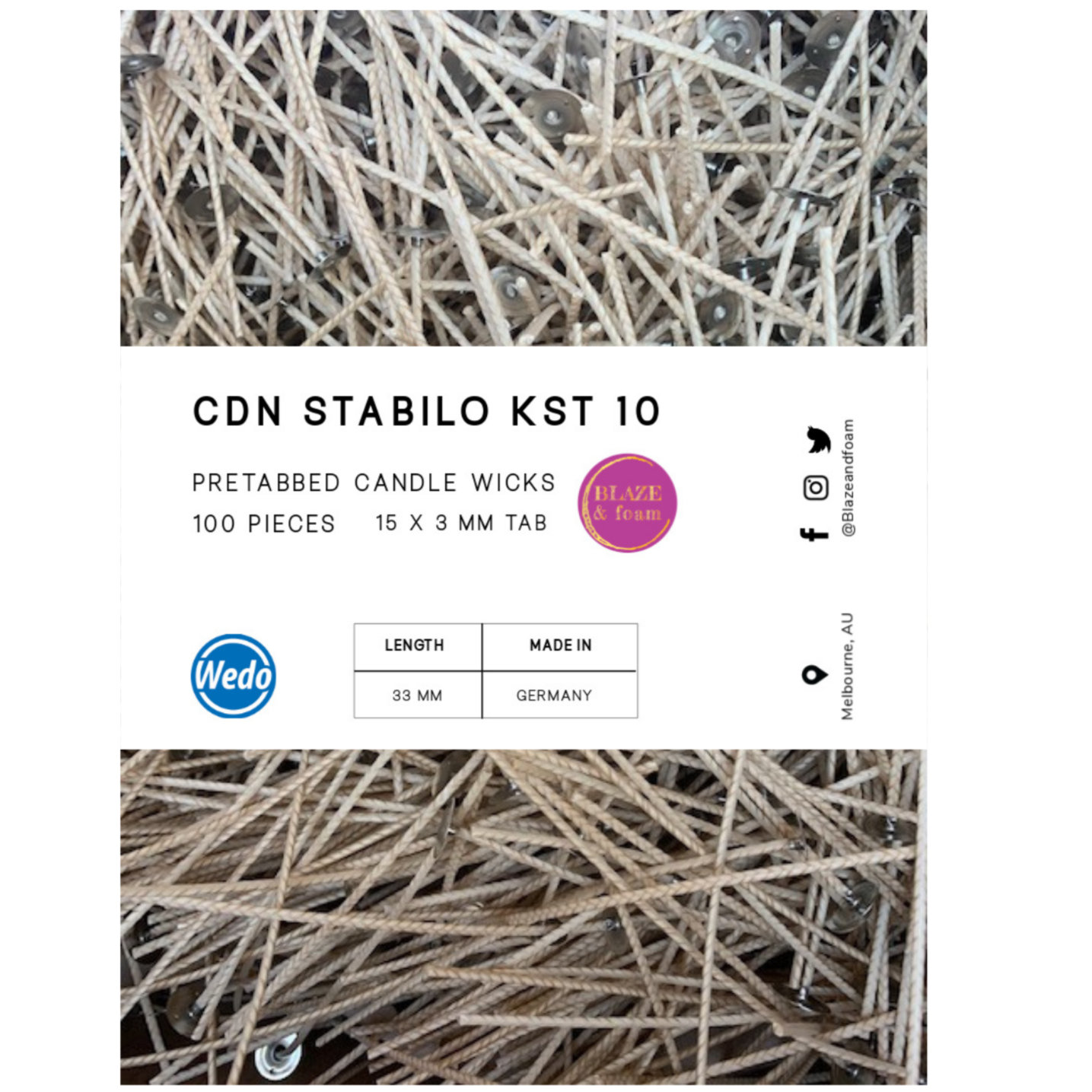 CDN Stabilo 10 - 33mm Tealight Wick(15mm x 3mm x 2.4mm Tab) - Blaze & Foam 